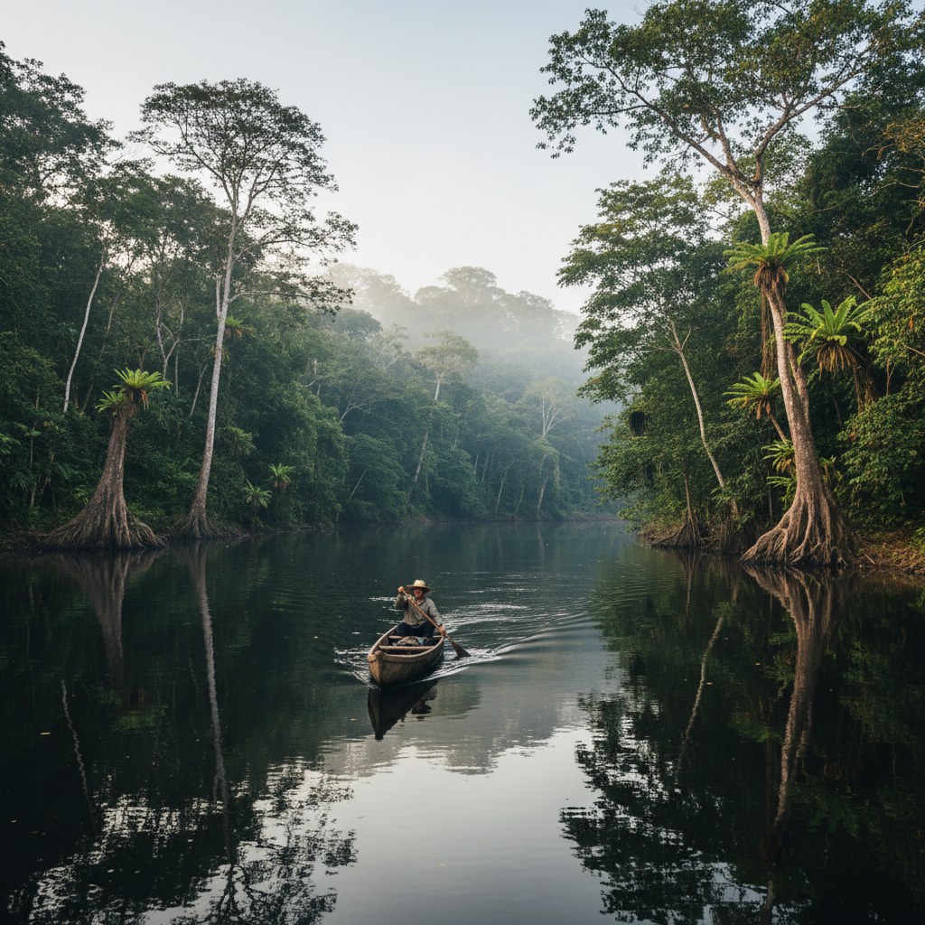 Canoa navegando por el río Amazonas rodeada de vegetación densa