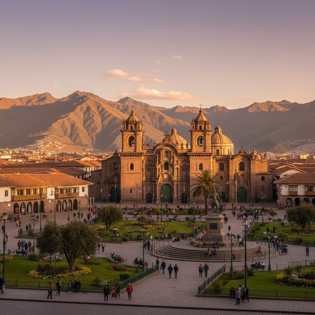 Vista panorámica de la Plaza de Armas de Cusco con la Catedral al fondo