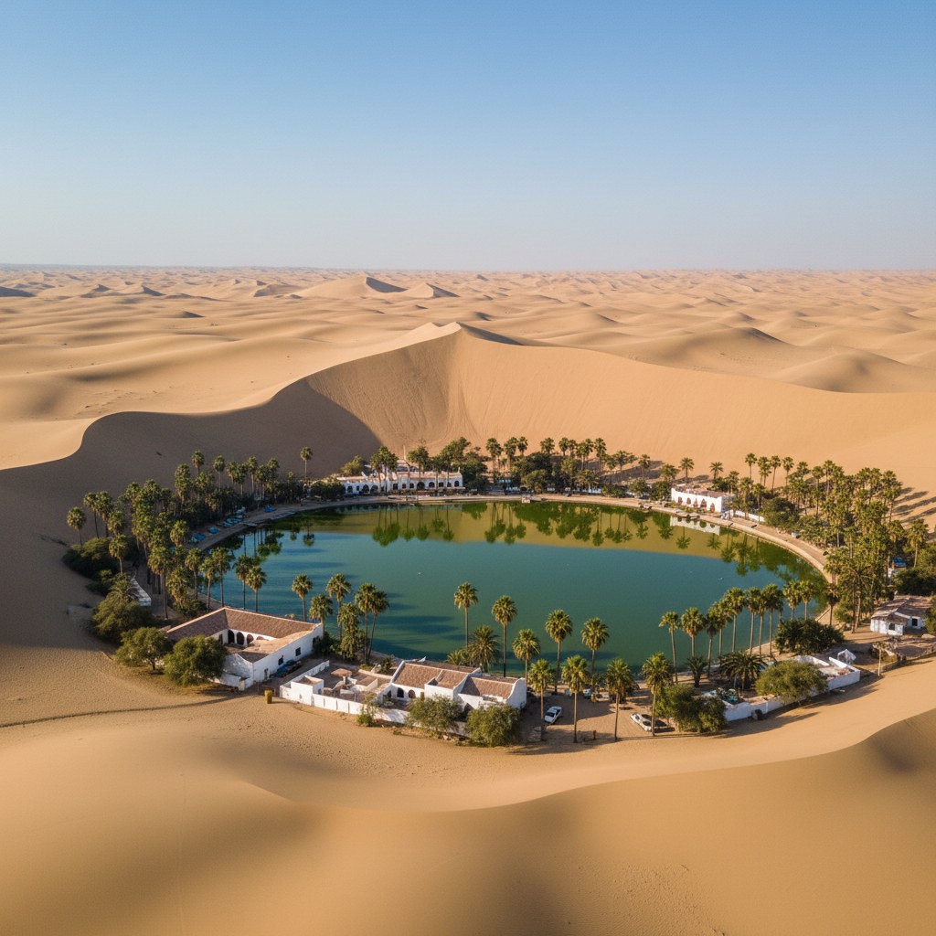 Oasis de Huacachina rodeado de dunas doradas en Ica