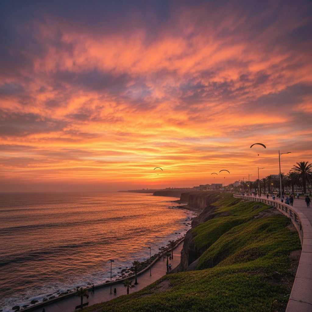 Malecón de Miraflores en Lima al atardecer con vista al Pacífico