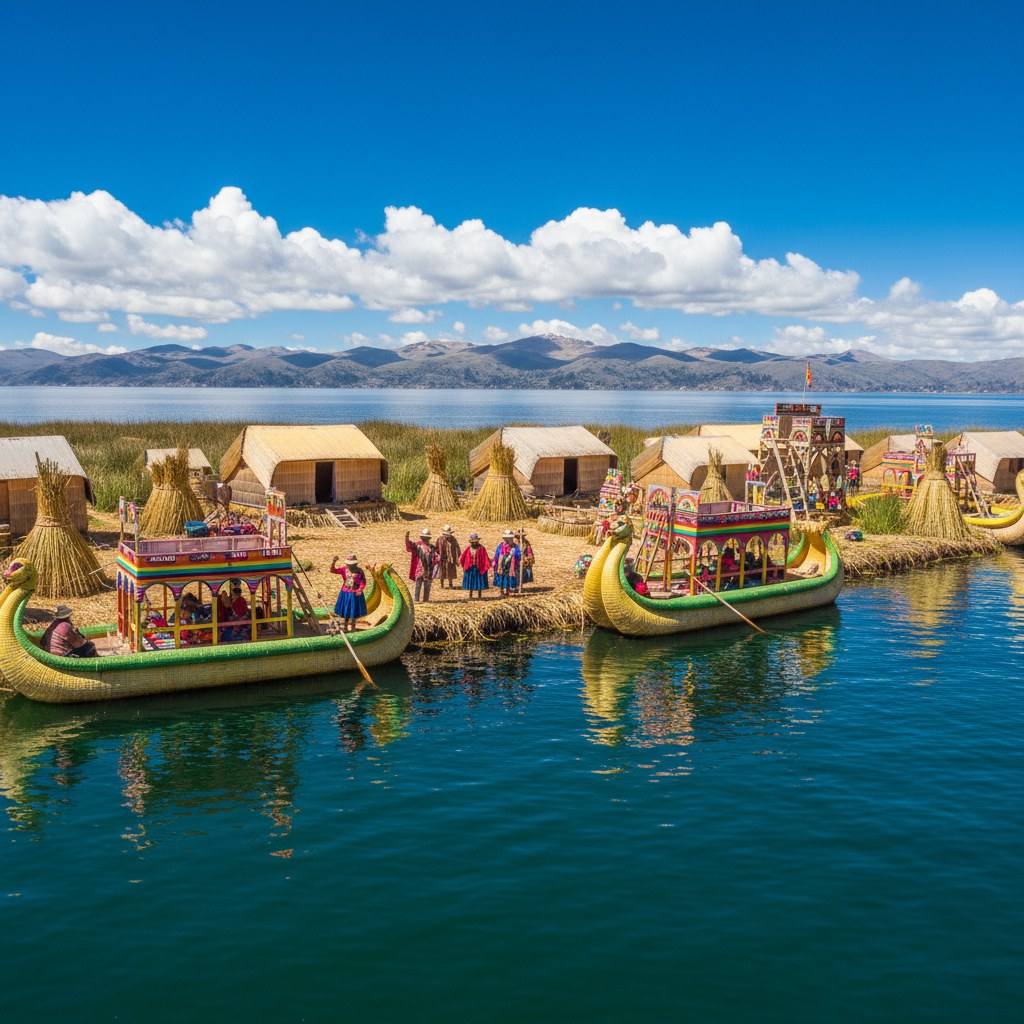 Islas flotantes de los Uros en el Lago Titicaca con cielo azul